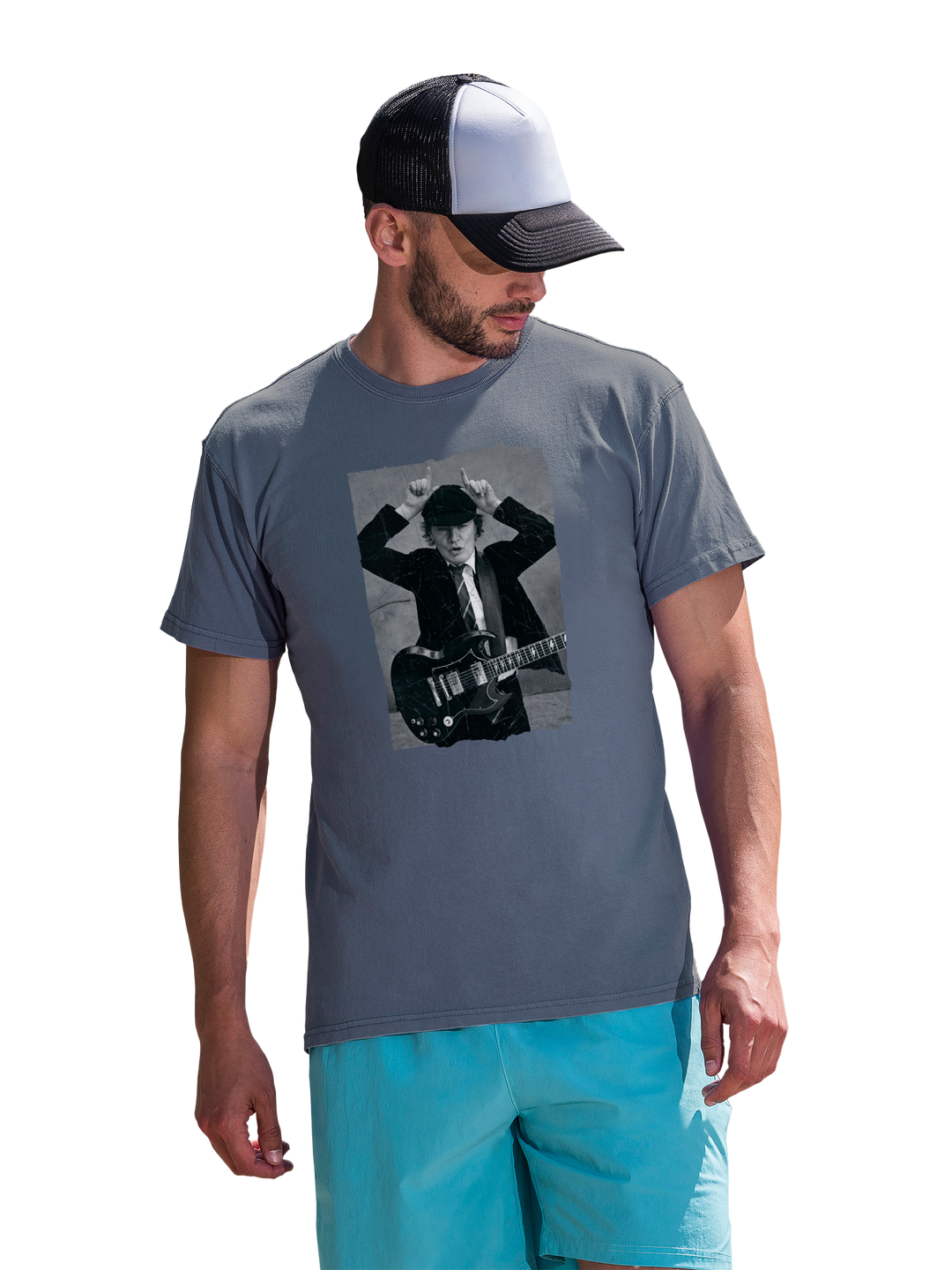 AC/DC Angus Young Distressed Photo with Coastal Color Tee