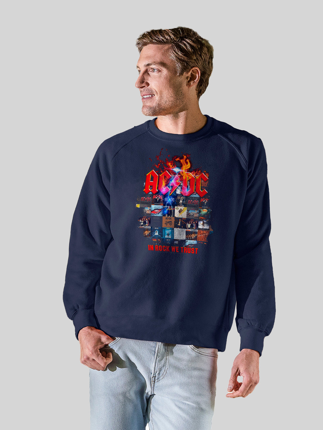AC/DC In Rock We Trust Album Covers with Vintage Fleece Raglan Crew