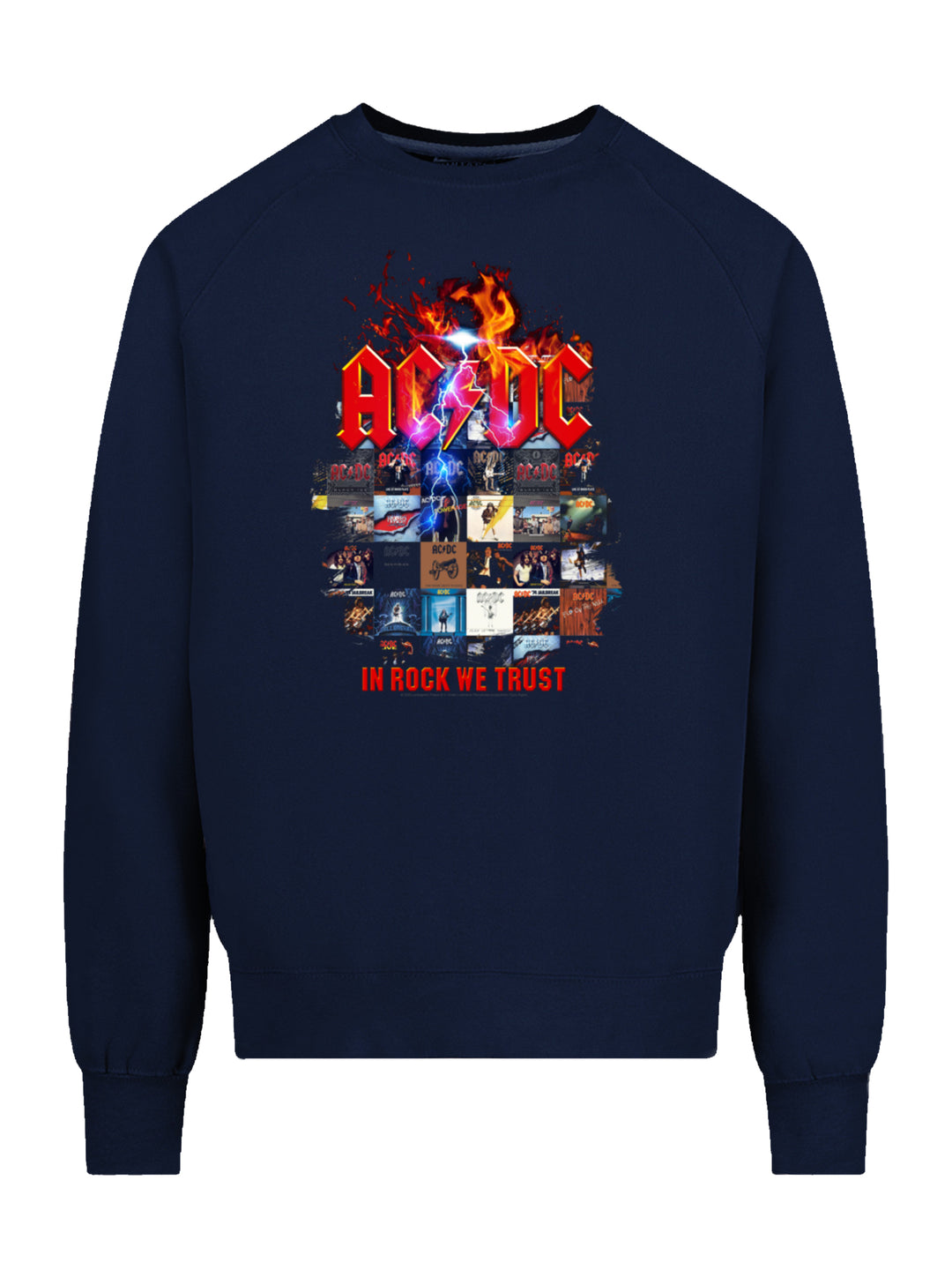 AC/DC In Rock We Trust Album Covers with Vintage Fleece Raglan Crew