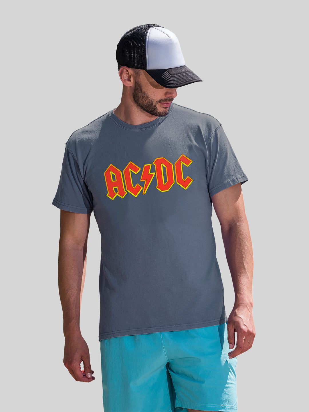 AC/DC Yellow Outline Red Logo with Coastal Color Tee