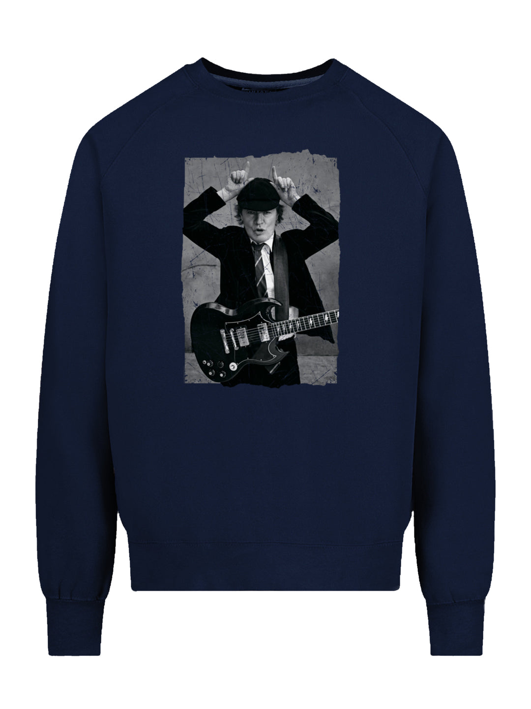AC/DC Angus Young Distressed Photo with Vintage Fleece Raglan Crew