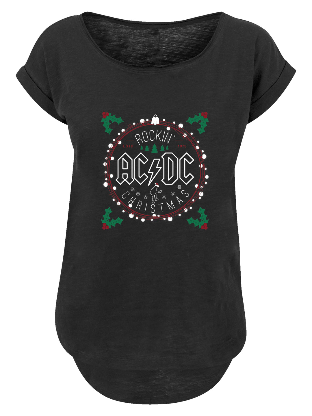 AC/DC Christmas Circle Ladies Long Slub Tee - Fuse Your Holiday Spirit with Rock 'n' Roll Panache