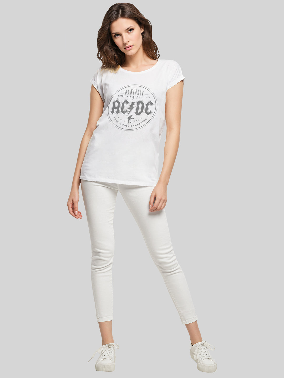ACDC Rock N Roll Damnation Ladies Extended Shoulder Tee