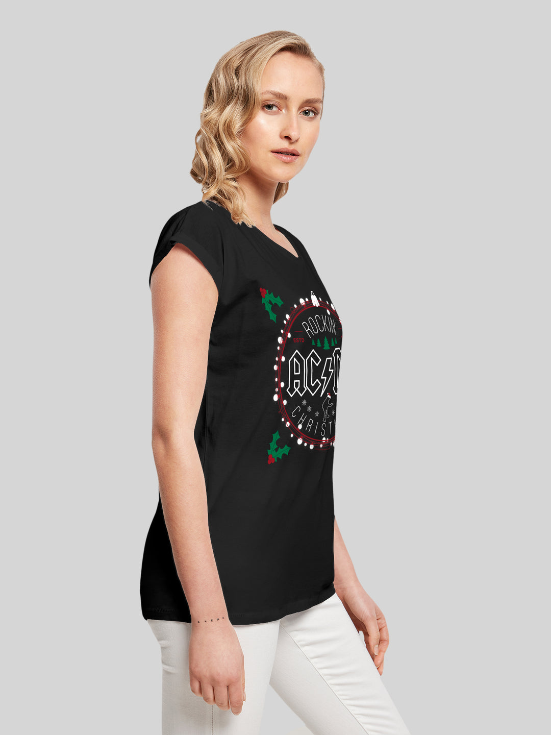 ACDC-Christmas-Circle and ACDC neck print with Ladies Extended Shoulder Tee