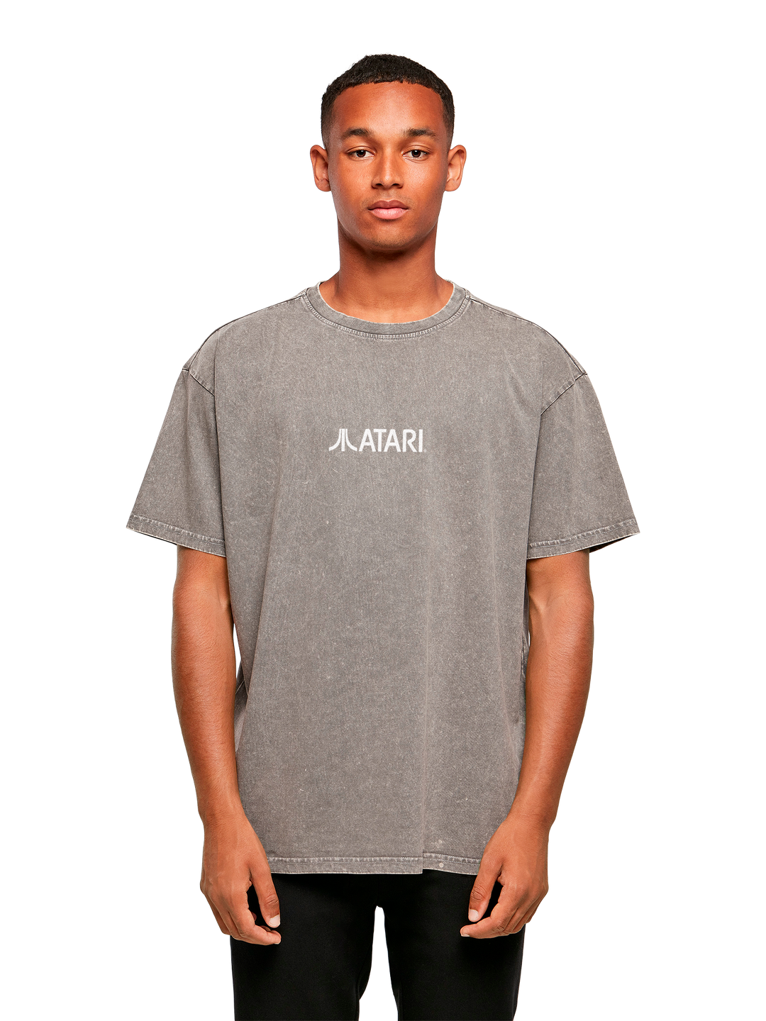 Atari Games Logo White Retro Gaming Horizontal and Atari Gravitar Box Cover with Acid Washed Heavy Oversize Tee