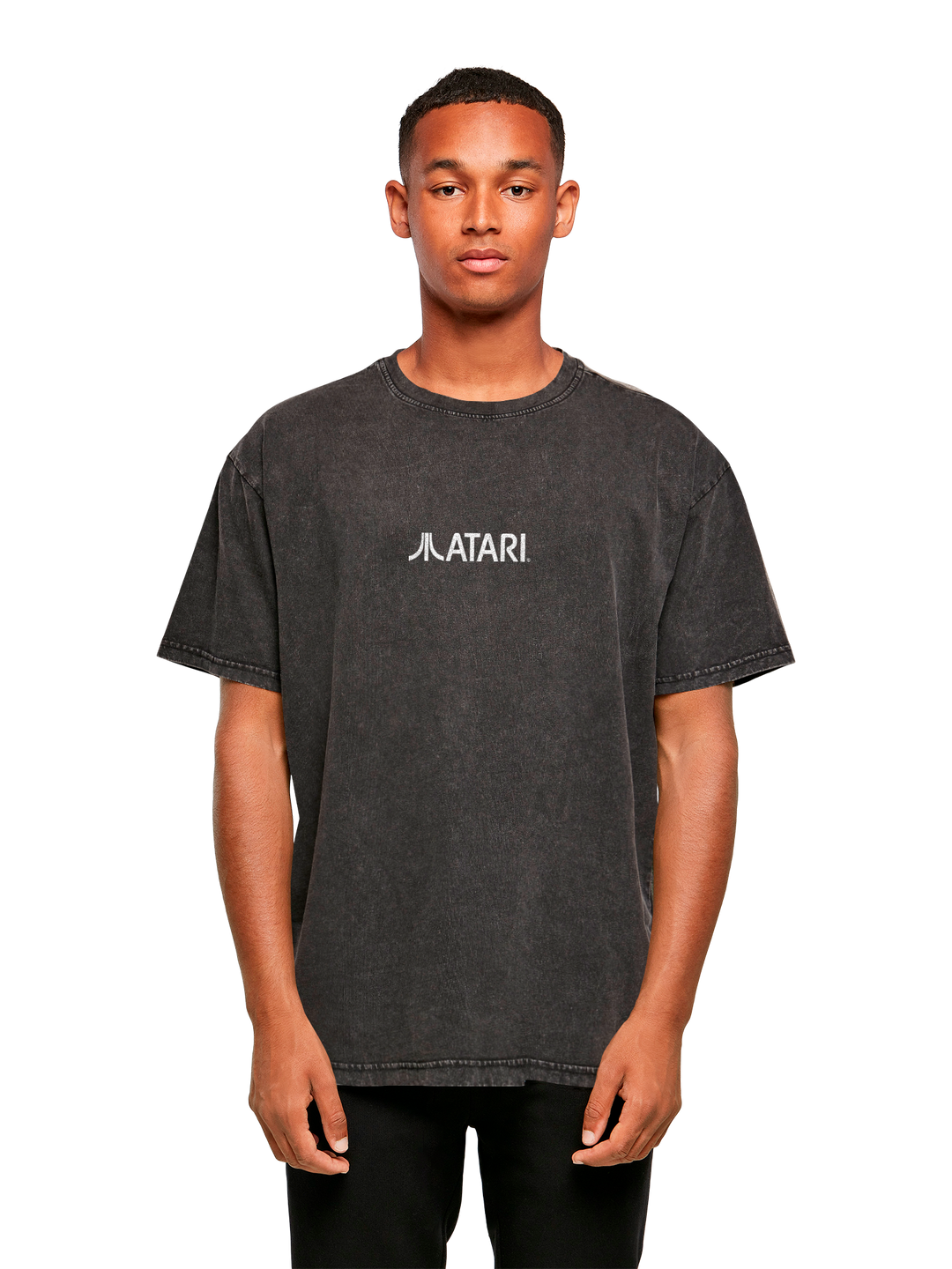 Atari Games Logo White Retro Gaming Horizontal and Atari Gravitar Box Cover with Acid Washed Heavy Oversize Tee
