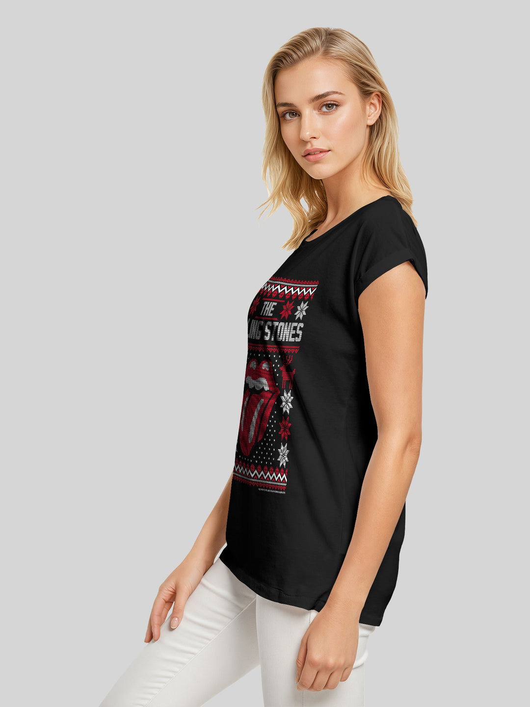 The Rolling Stones Rock Music Ugly Christmas with Ladies Extended Shoulder Tee