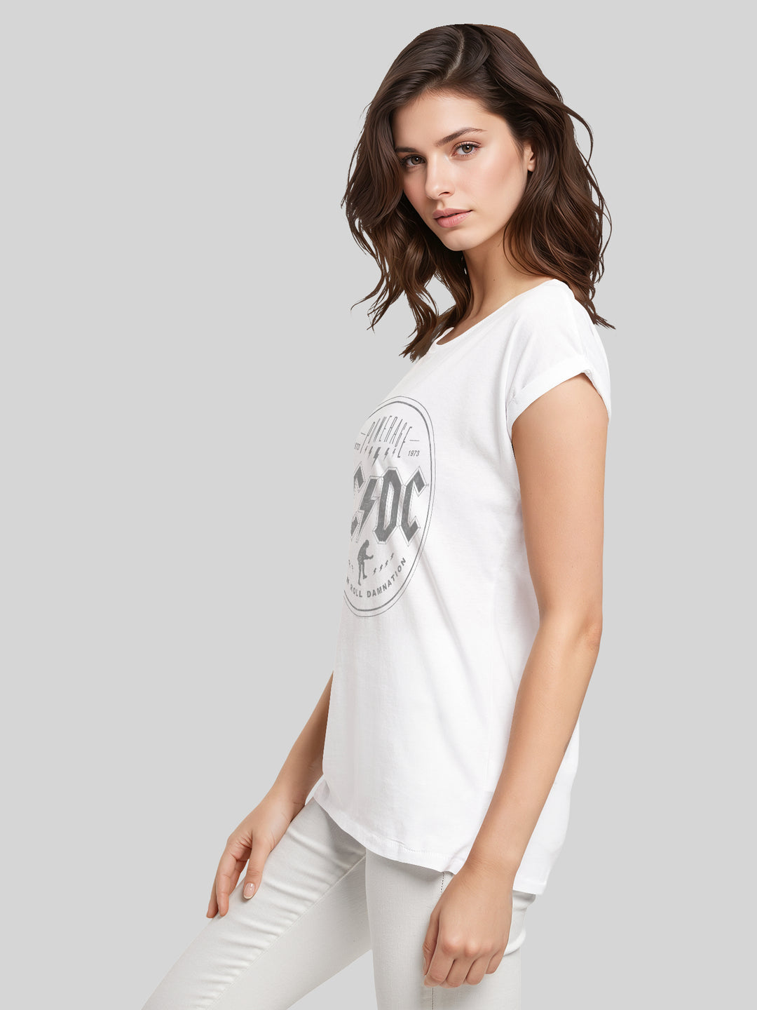 ACDC Rock N Roll Damnation Ladies Extended Shoulder Tee