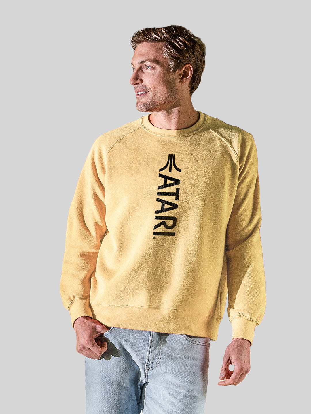 Atari Games Vertical Logo Black Retro Gaming with Vintage Fleece Raglan Crew