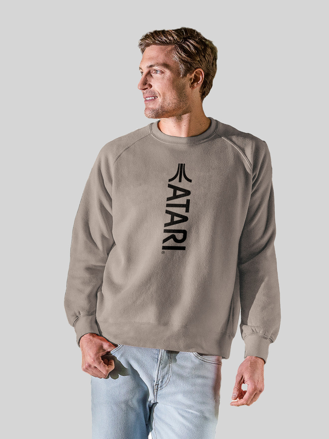 Atari Games Vertical Logo Black Retro Gaming with Vintage Fleece Raglan Crew