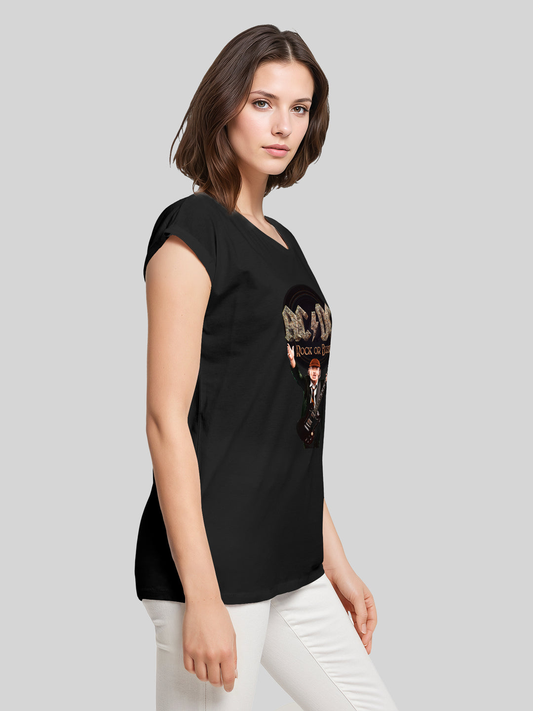ACDC Rock Or Bust Angus Young Ladies Extended Shoulder Tee