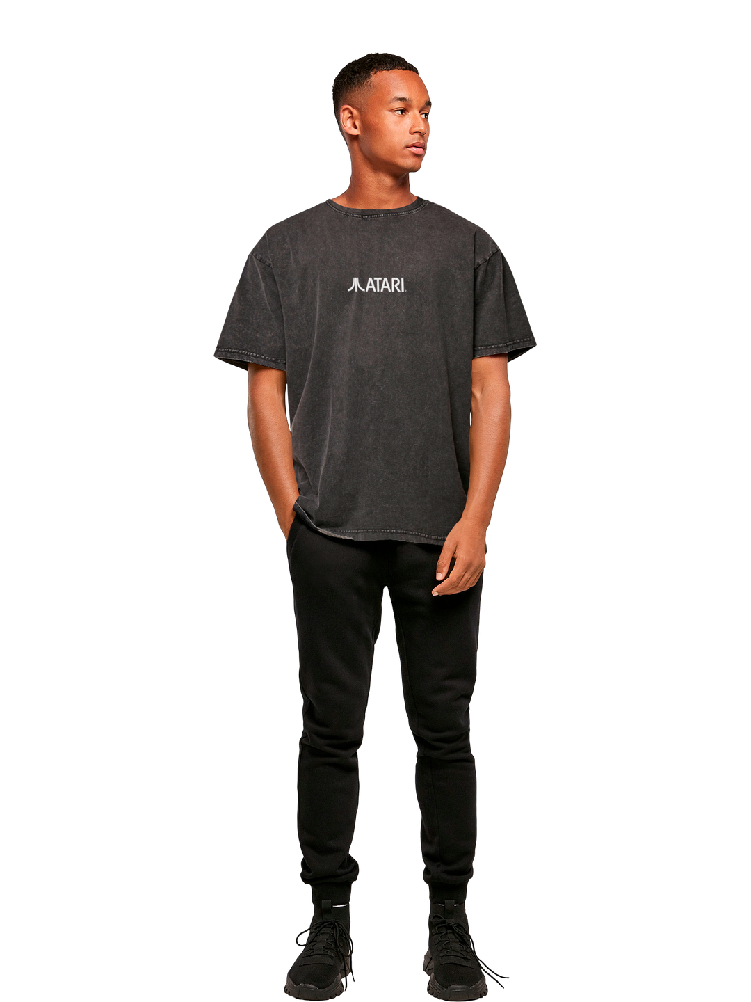 Atari Games Logo White Retro Gaming Horizontal and Atari Gravitar Box Cover with Acid Washed Heavy Oversize Tee