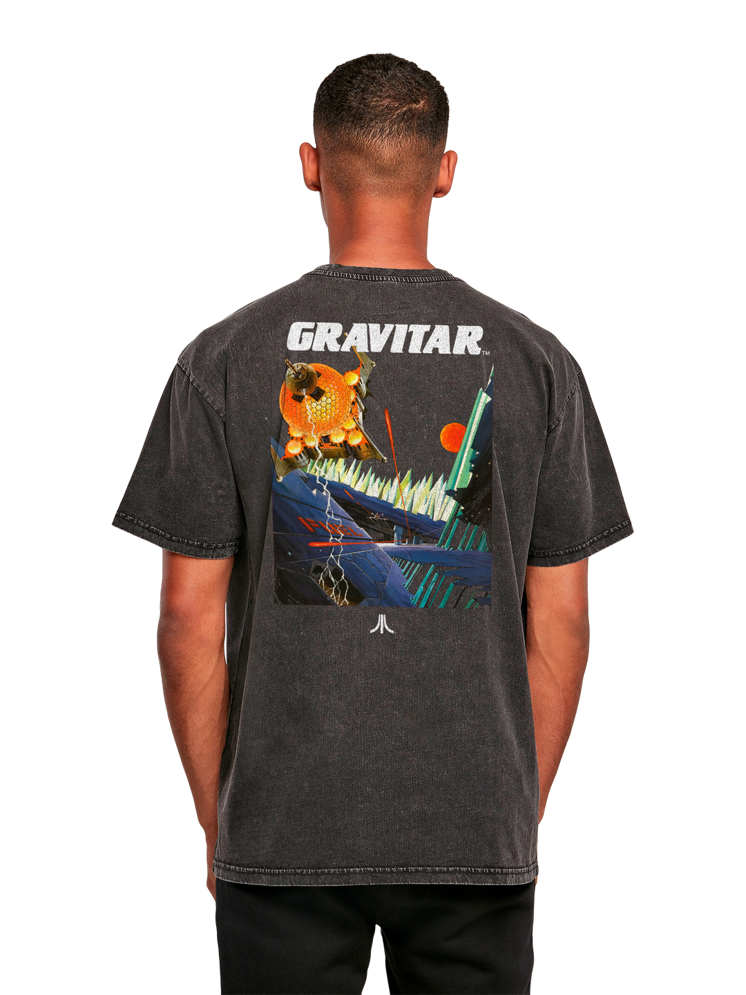 Atari Games Logo White Retro Gaming Horizontal and Atari Gravitar Box Cover with Acid Washed Heavy Oversize Tee