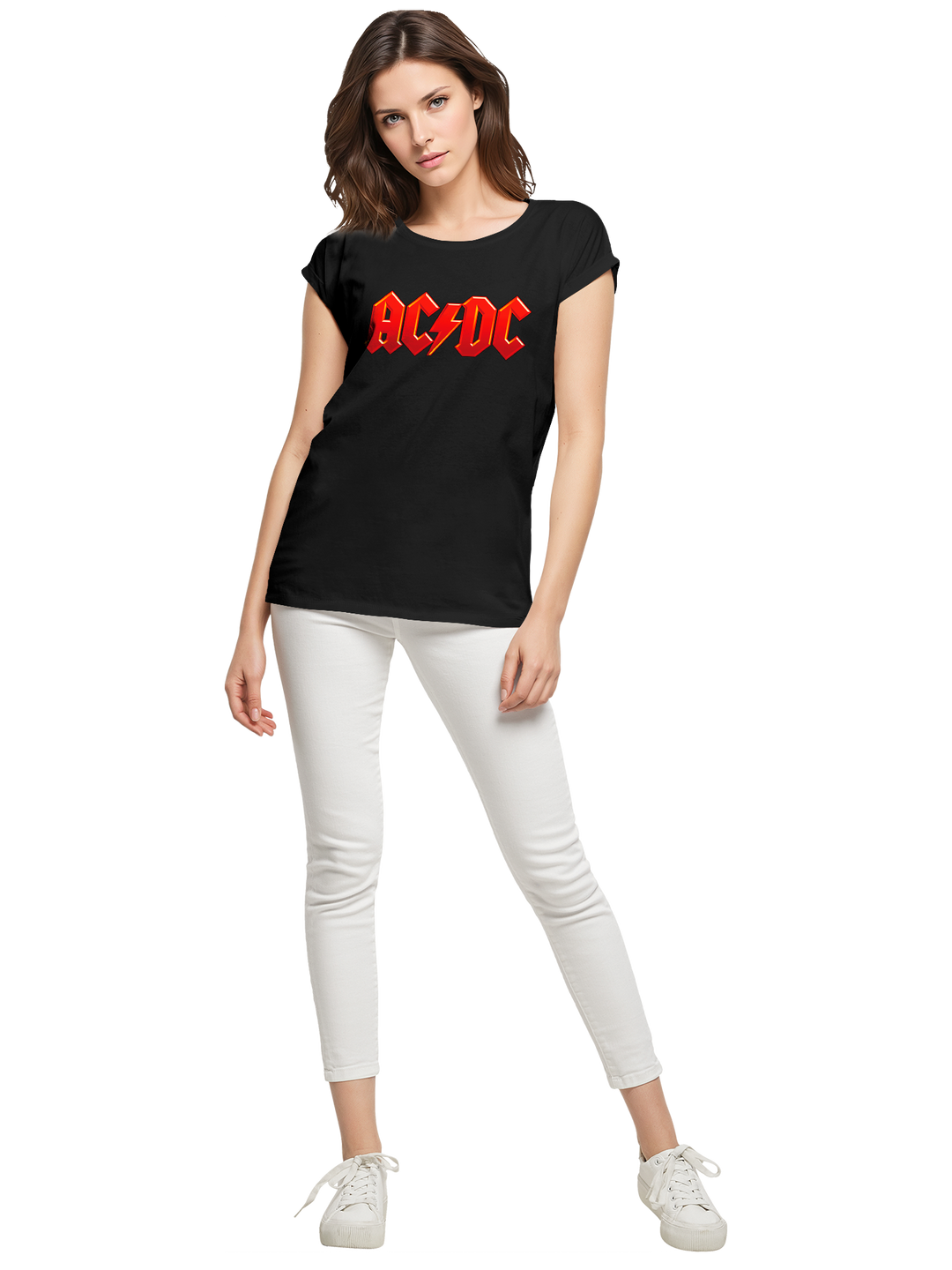 ACDC Dark Red Logo Ladies Extended Shoulder Tee