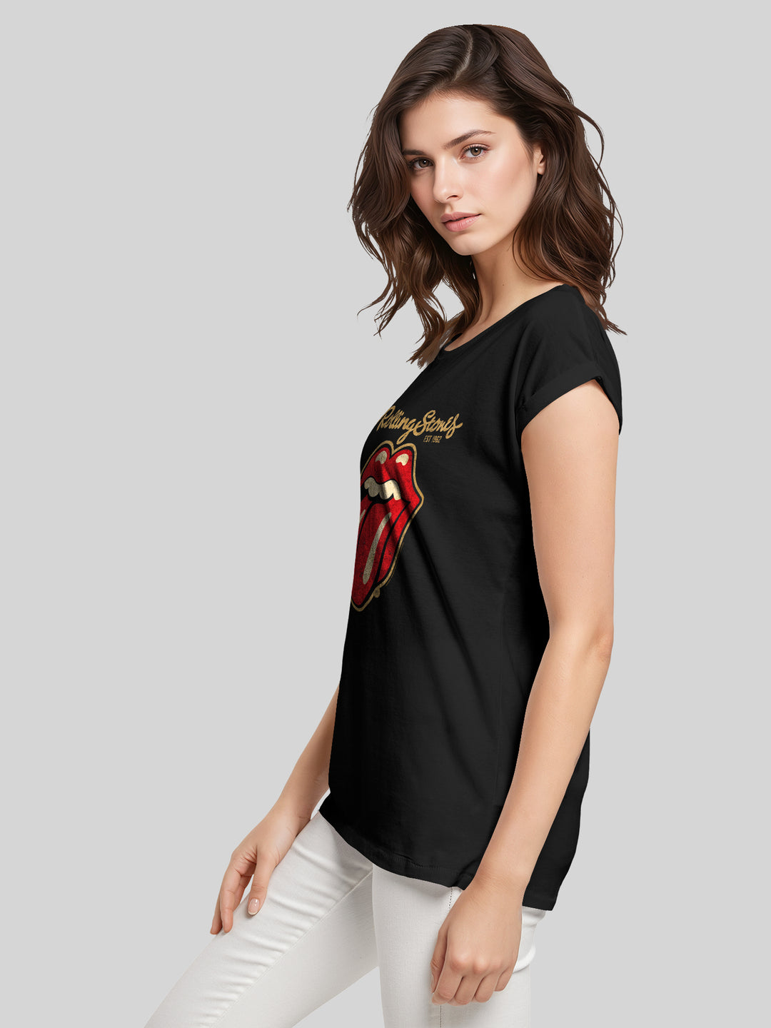 The Rolling Stones - Plastered Tongue Distressed with Ladies Extended Shoulder Tee