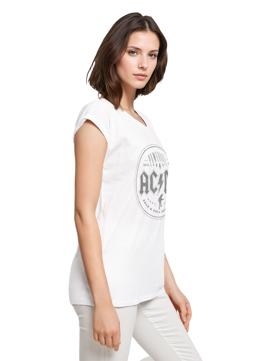 ACDC Rock N Roll Damnation Ladies Extended Shoulder Tee
