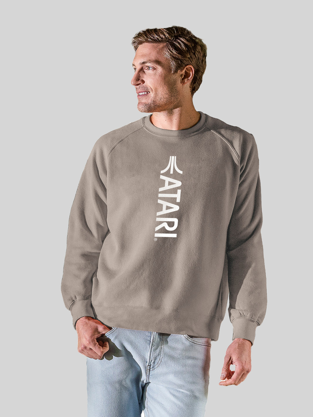 Atari Games Vertical Logo White Retro Gaming with Vintage Fleece Raglan Crew