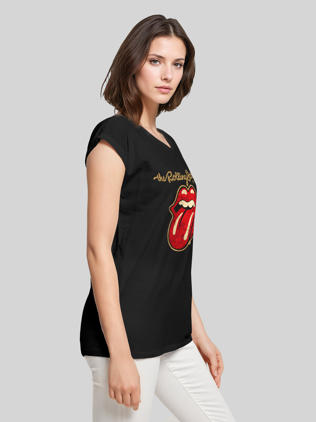 The Rolling Stones - Plastered Tongue Distressed with Ladies Extended Shoulder Tee
