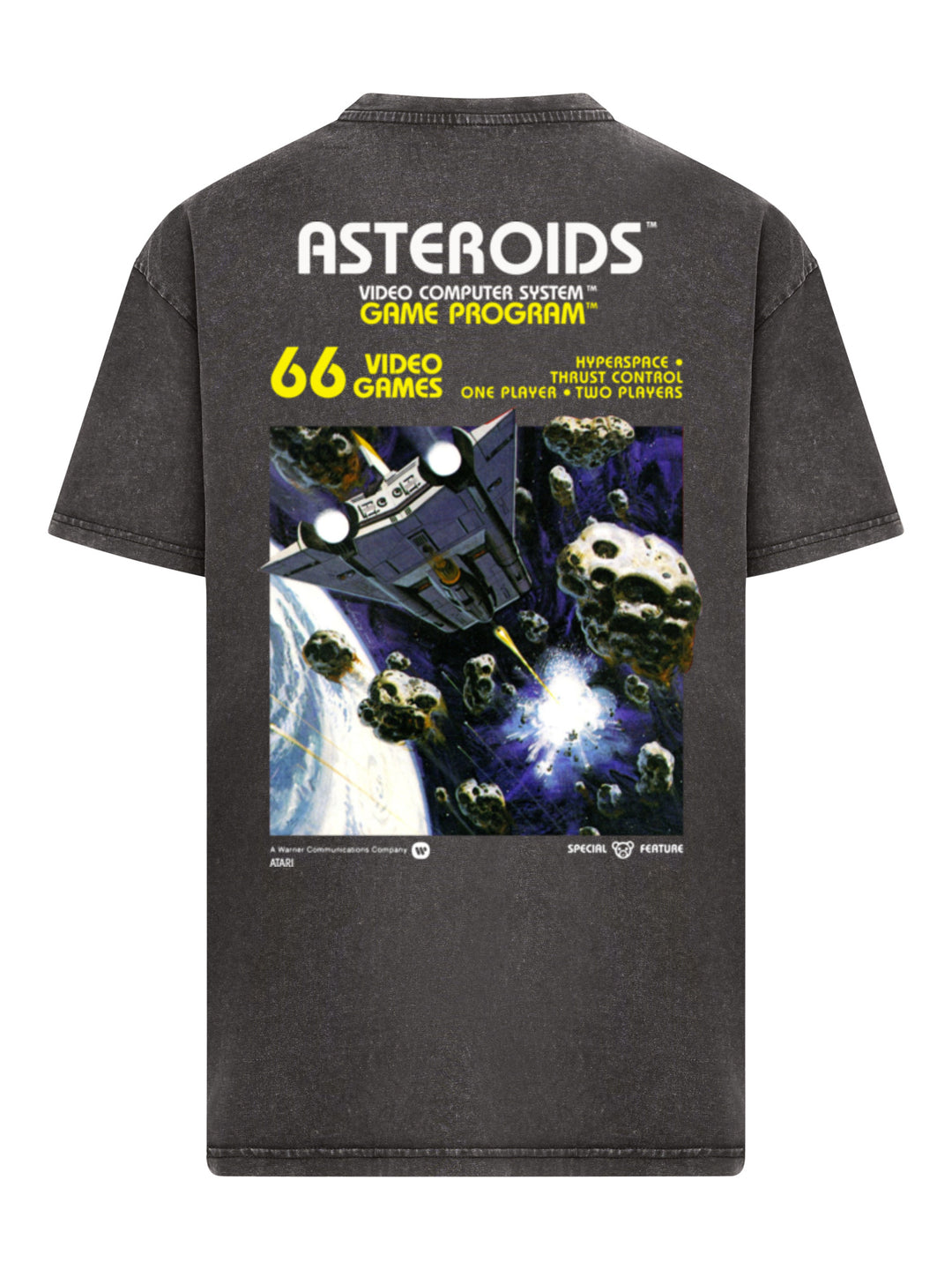 Atari Games Logo White Retro Gaming Horizontal and Atari Asteroids Box Cover with Acid Washed Heavy Oversize Tee