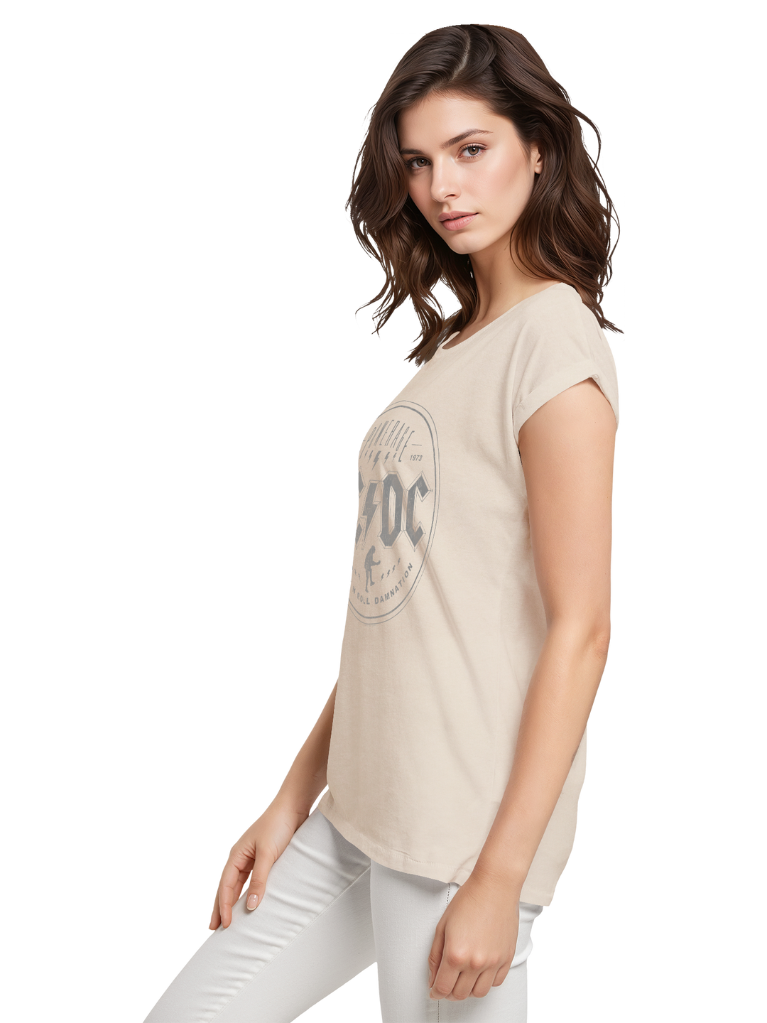 ACDC Rock N Roll Damnation Ladies Extended Shoulder Tee