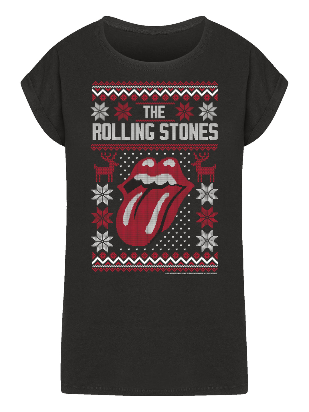 The Rolling Stones Rock Music Ugly Christmas with Ladies Extended Shoulder Tee