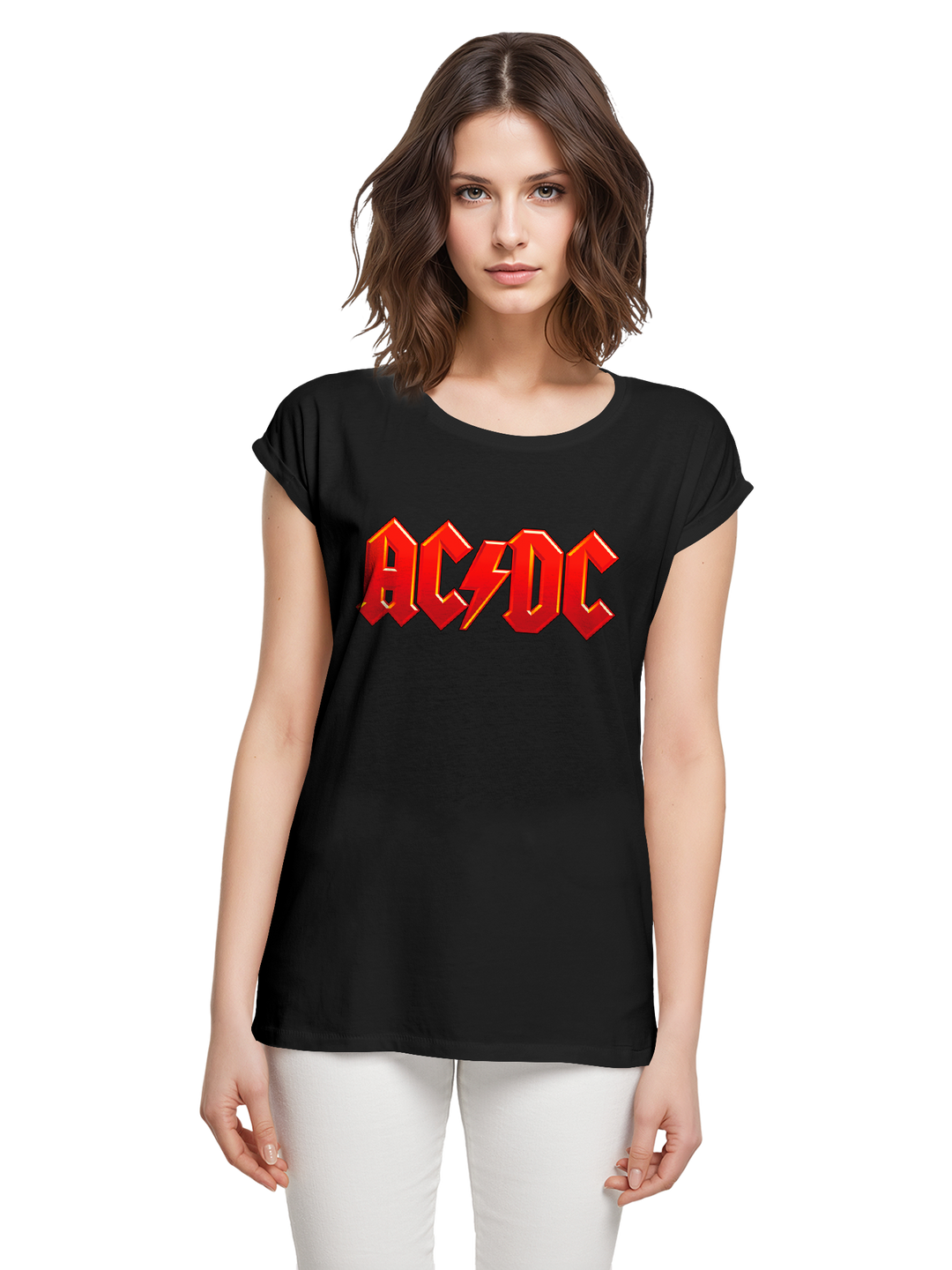 ACDC Dark Red Logo Ladies Extended Shoulder Tee