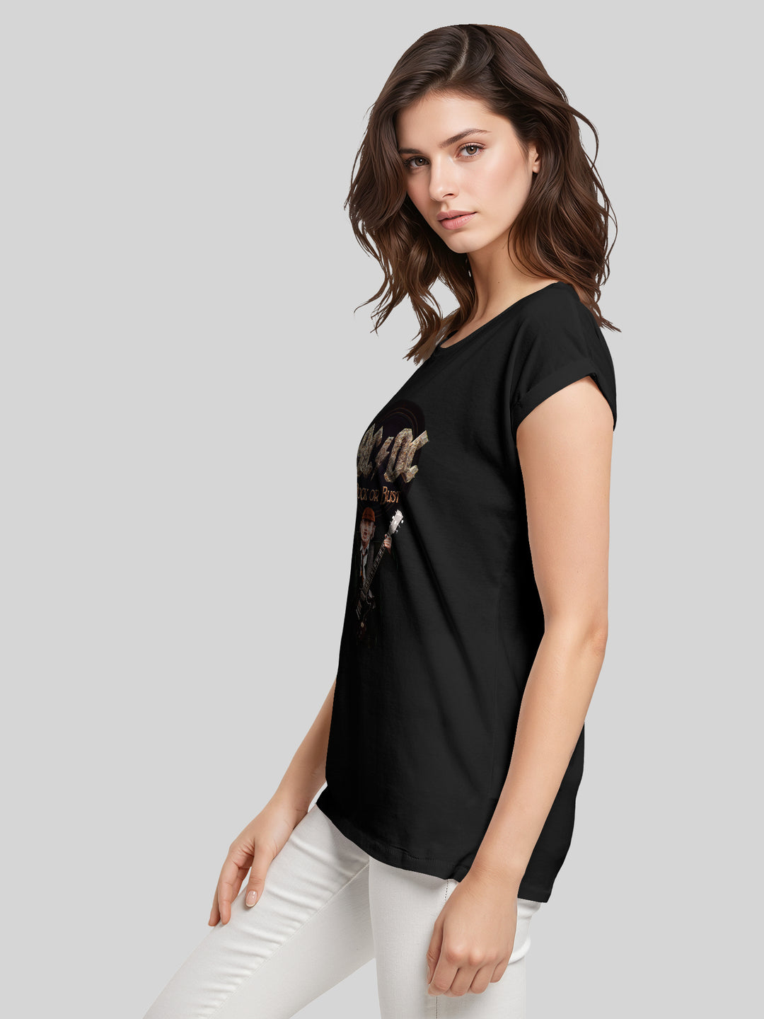 ACDC Rock Or Bust Angus Young Ladies Extended Shoulder Tee