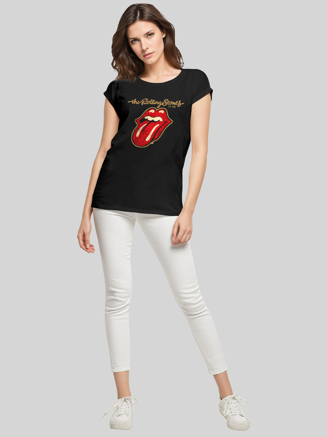 The Rolling Stones - Plastered Tongue Distressed with Ladies Extended Shoulder Tee