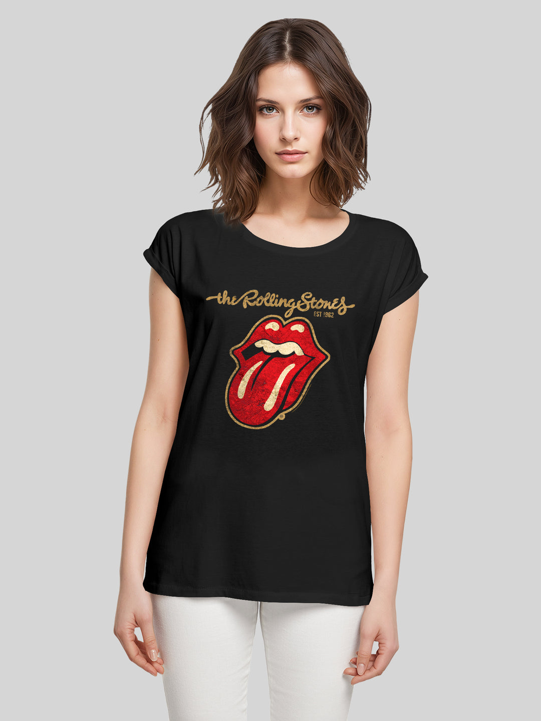 The Rolling Stones - Plastered Tongue Distressed with Ladies Extended Shoulder Tee