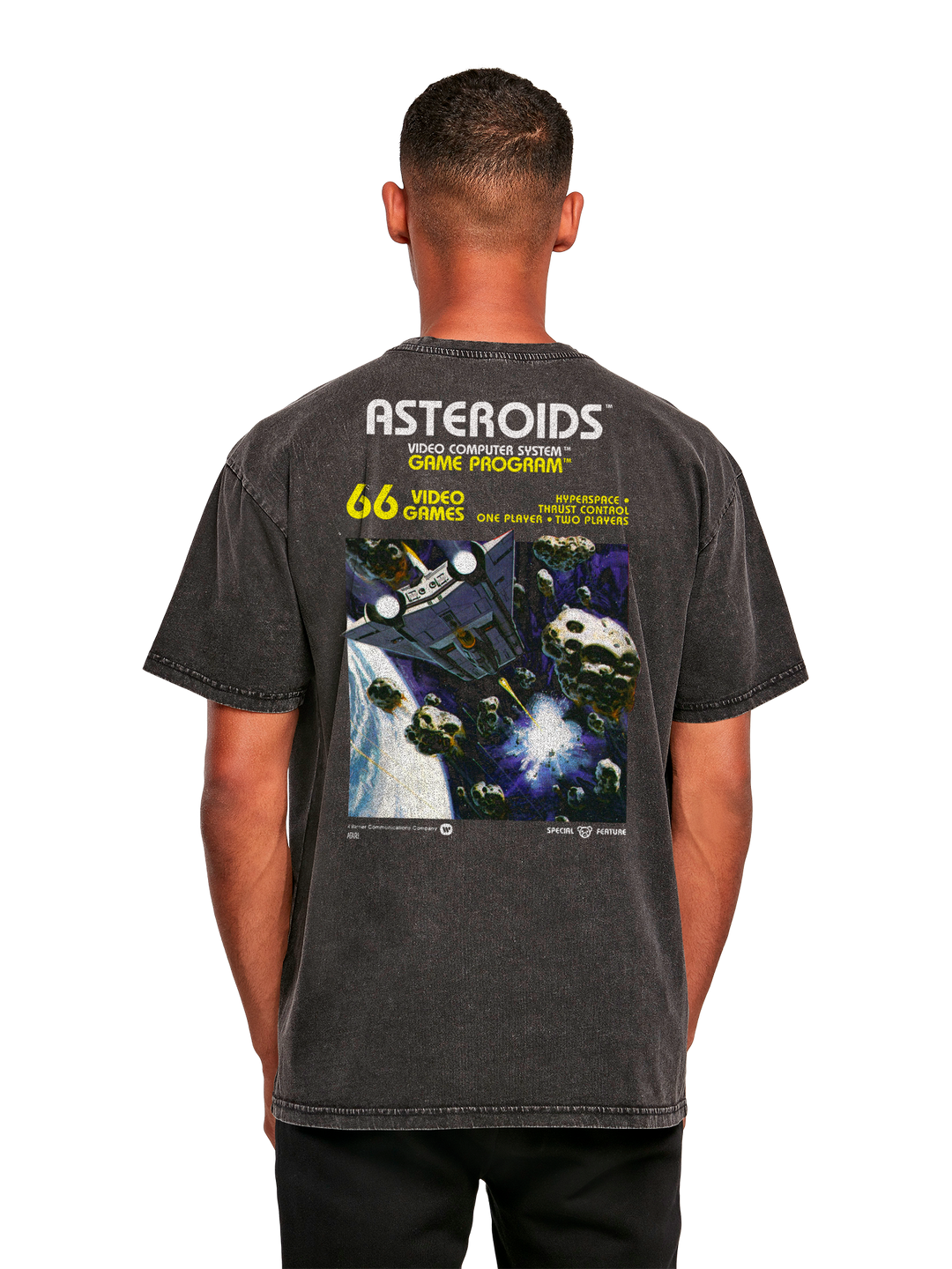 Atari Games Logo White Retro Gaming Horizontal and Atari Asteroids Box Cover with Acid Washed Heavy Oversize Tee