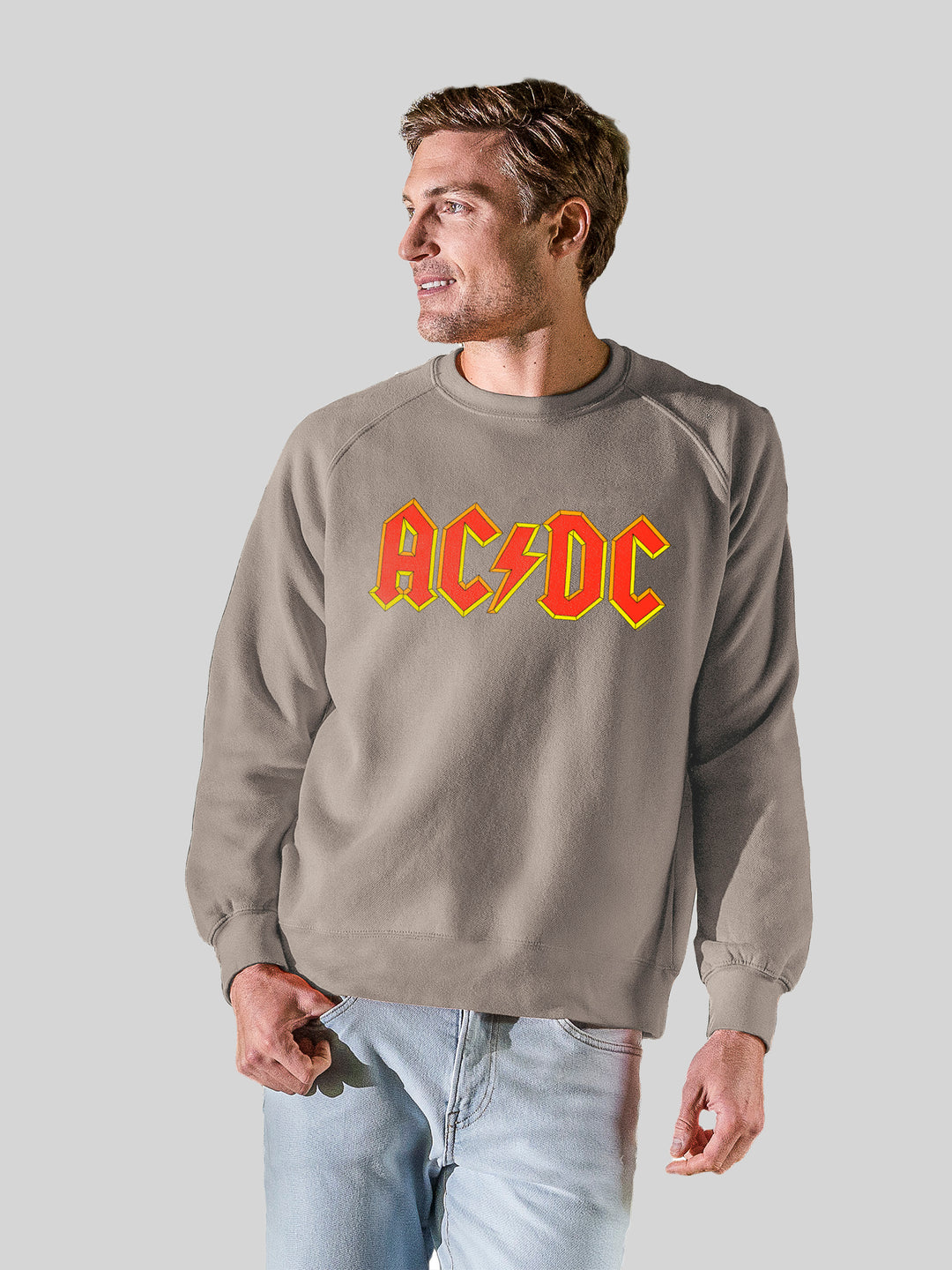 AC/DC Yellow Outline Red Logo with Vintage Fleece Raglan Crew