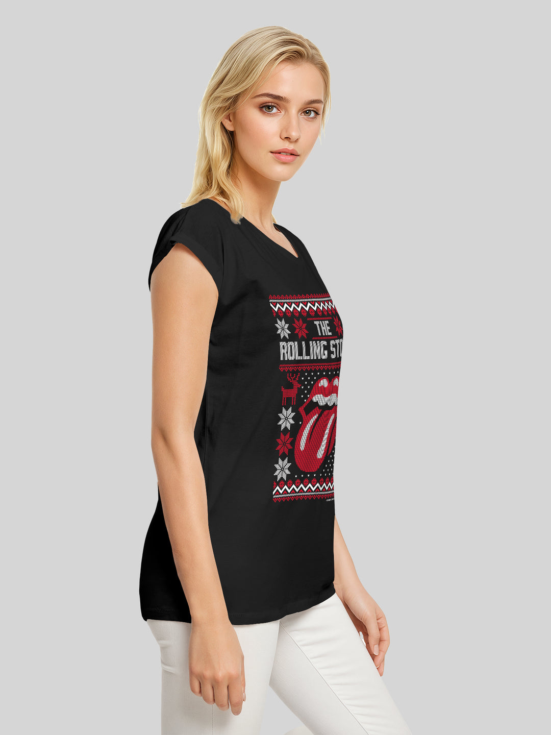 The Rolling Stones Rock Music Ugly Christmas with Ladies Extended Shoulder Tee