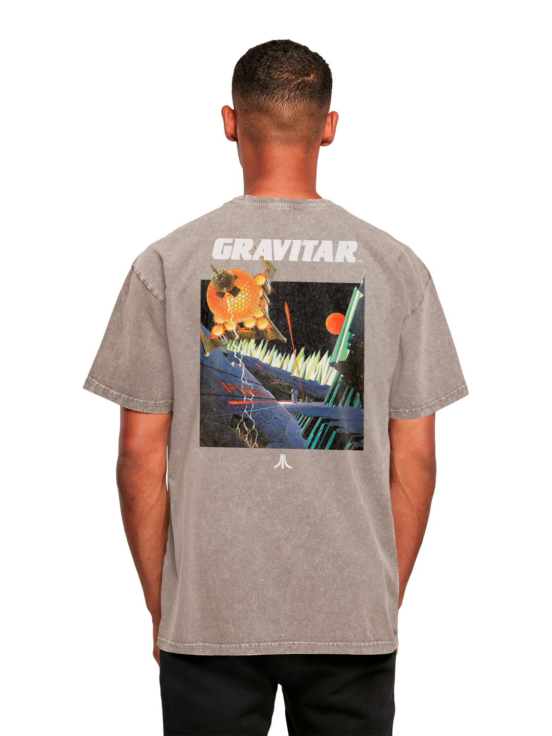 Atari Games Logo White Retro Gaming Horizontal and Atari Gravitar Box Cover with Acid Washed Heavy Oversize Tee