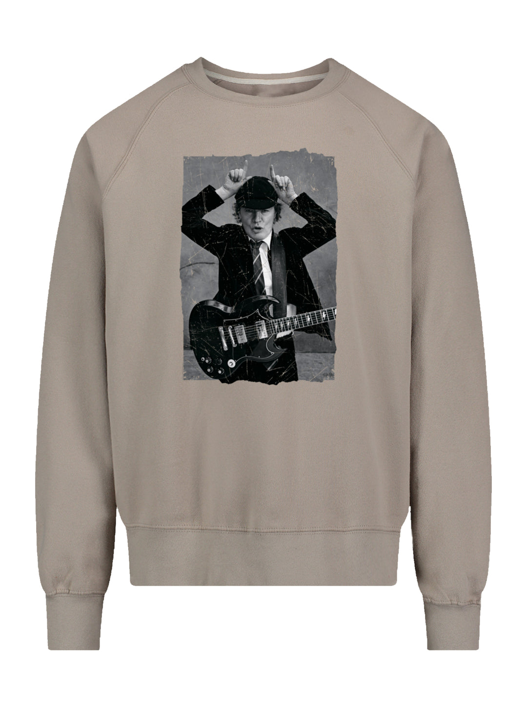 AC/DC Angus Young Distressed Photo with Vintage Fleece Raglan Crew