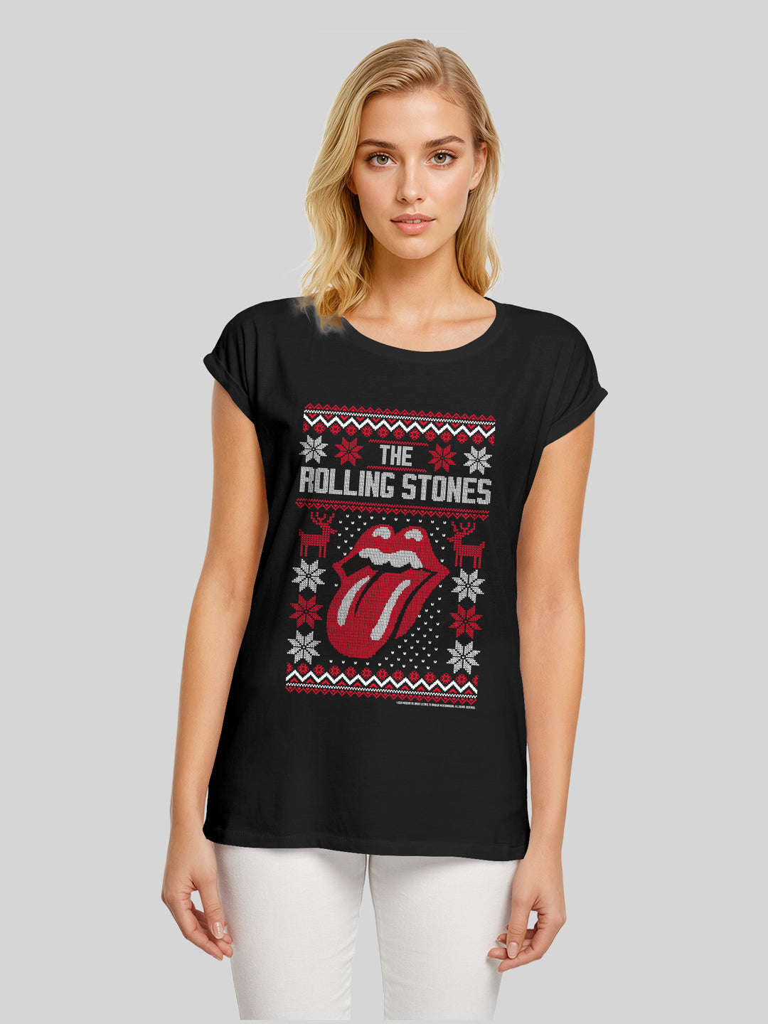 The Rolling Stones Rock Music Ugly Christmas with Ladies Extended Shoulder Tee