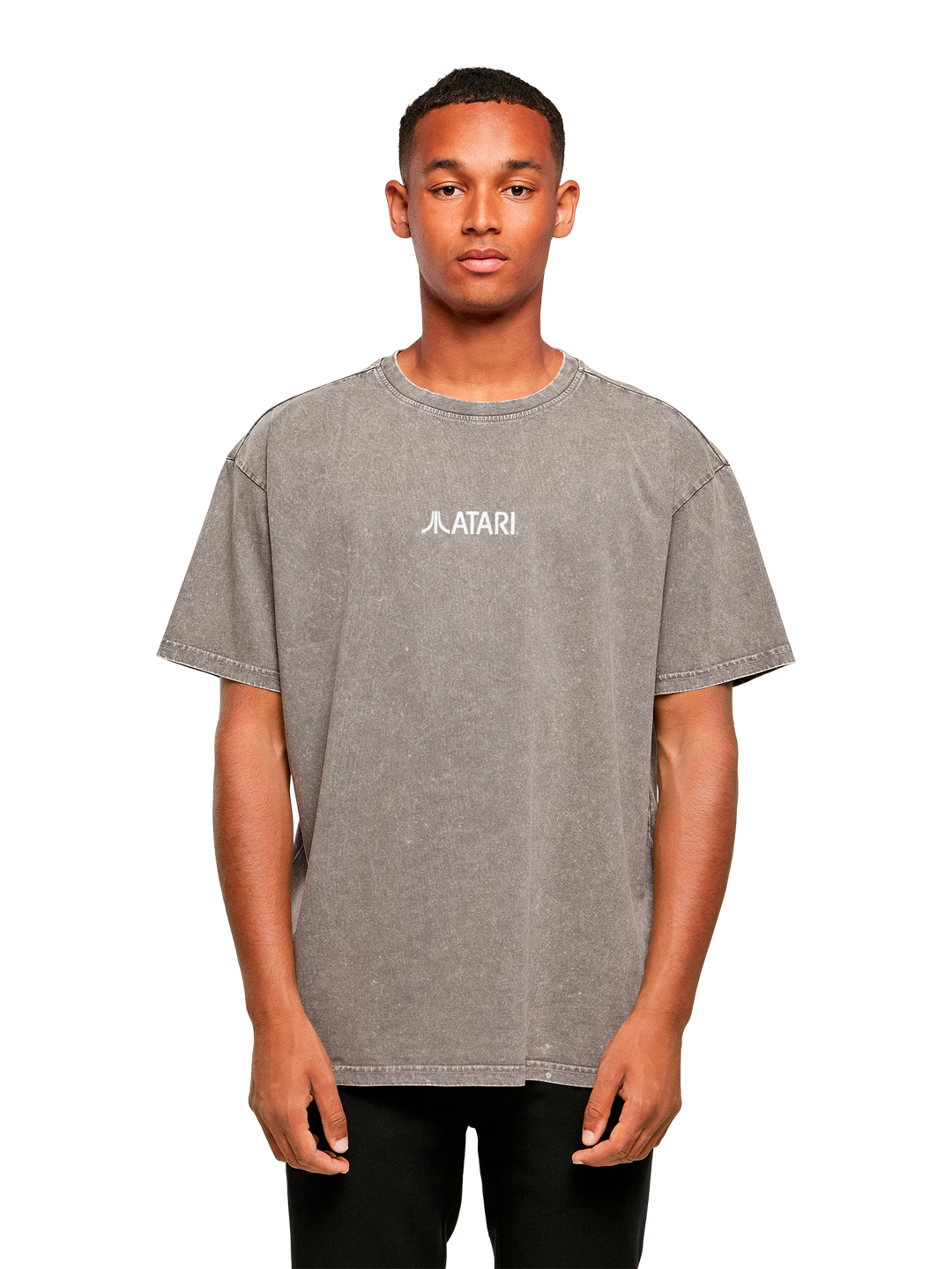 Atari Games Logo White Retro Gaming Horizontal and Atari Asteroids Box Cover with Acid Washed Heavy Oversize Tee