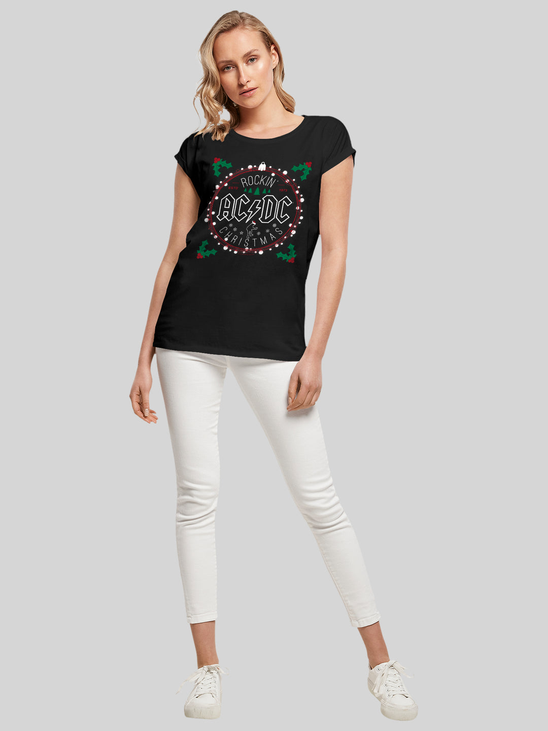 ACDC-Christmas-Circle and ACDC neck print with Ladies Extended Shoulder Tee