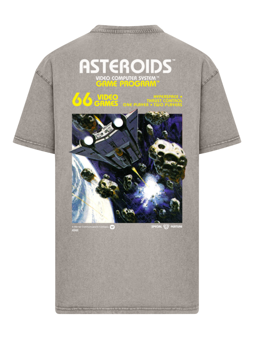 Atari Games Logo White Retro Gaming Horizontal and Atari Asteroids Box Cover with Acid Washed Heavy Oversize Tee