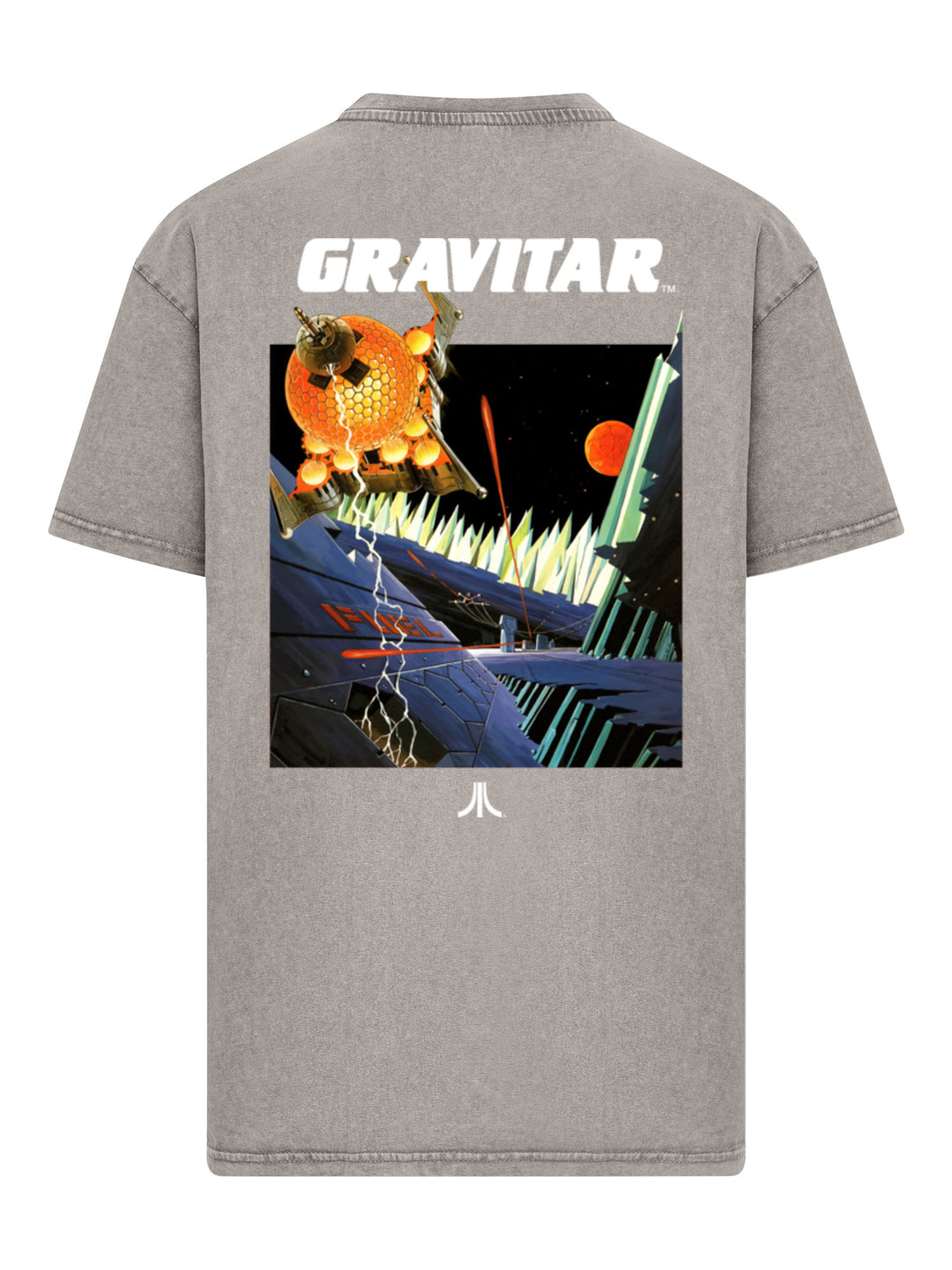 Atari Games Logo White Retro Gaming Horizontal and Atari Gravitar Box Cover with Acid Washed Heavy Oversize Tee