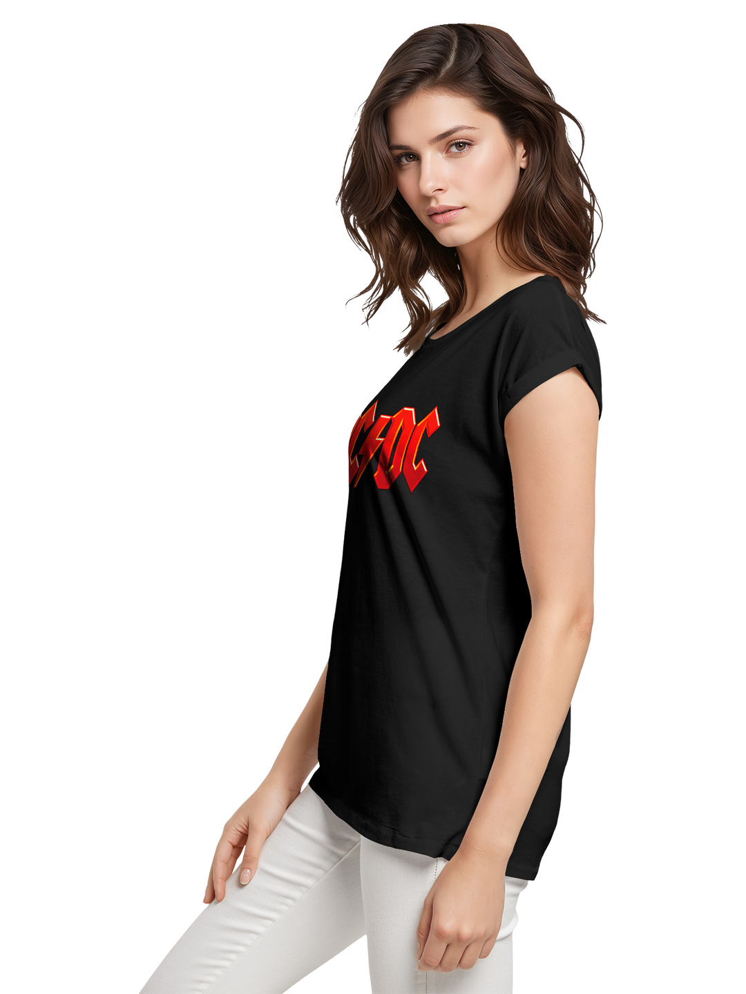 ACDC Dark Red Logo Ladies Extended Shoulder Tee