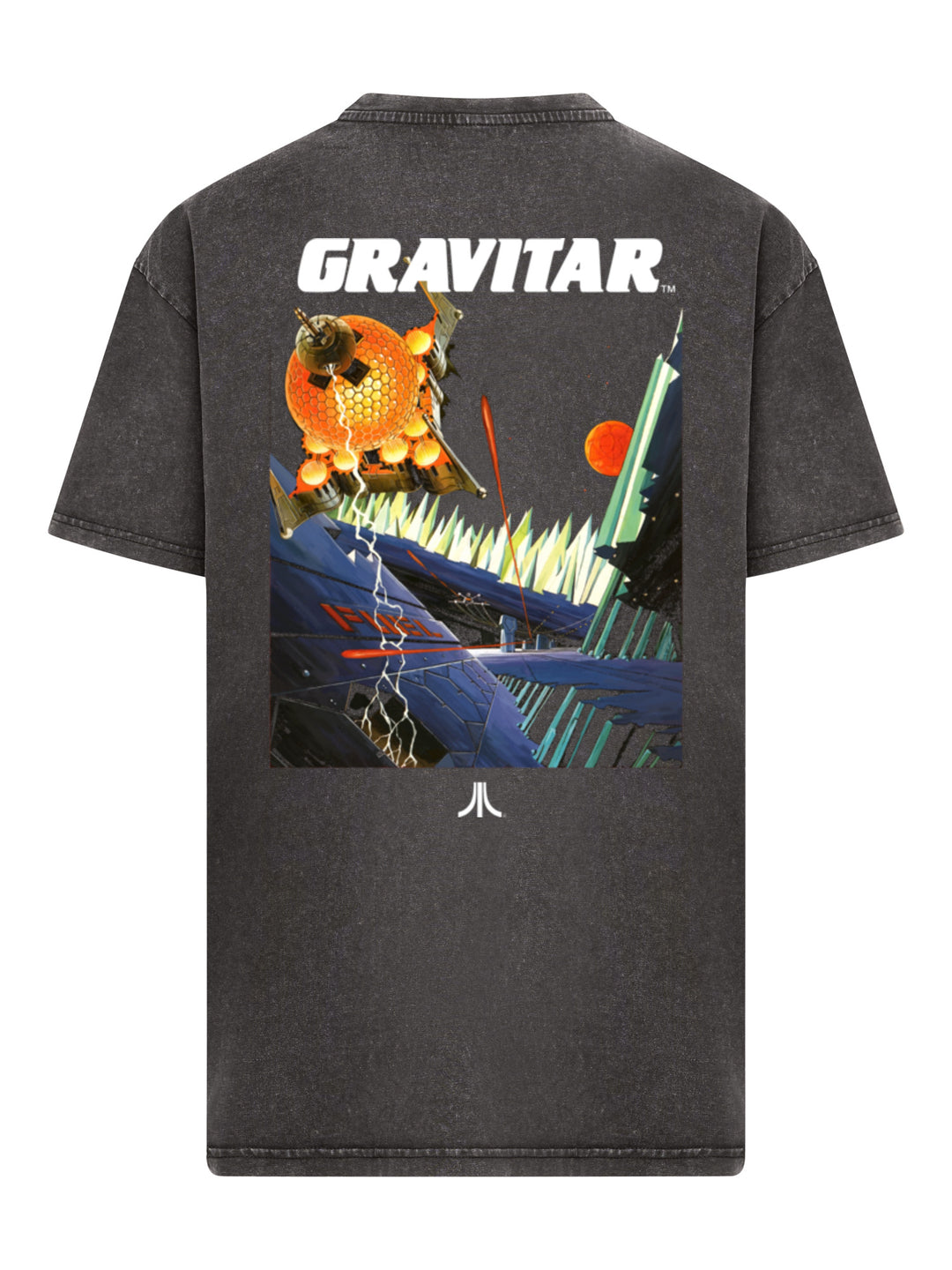 Atari Games Logo White Retro Gaming Horizontal and Atari Gravitar Box Cover with Acid Washed Heavy Oversize Tee