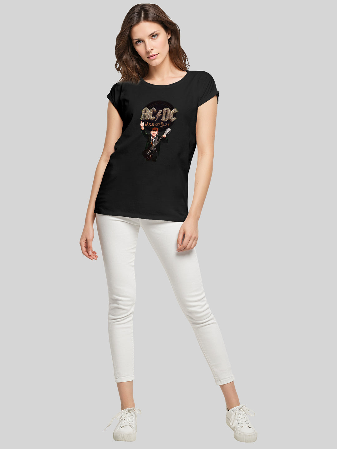ACDC Rock Or Bust Angus Young Ladies Extended Shoulder Tee