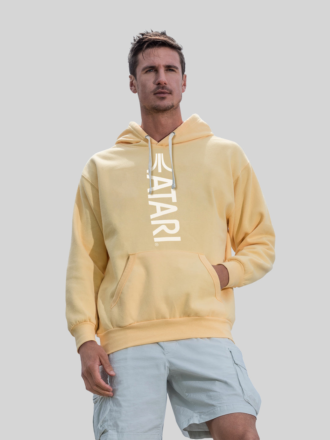 Atari Games Vertical Logo White Retro Gaming with Vintage Fleece Hood