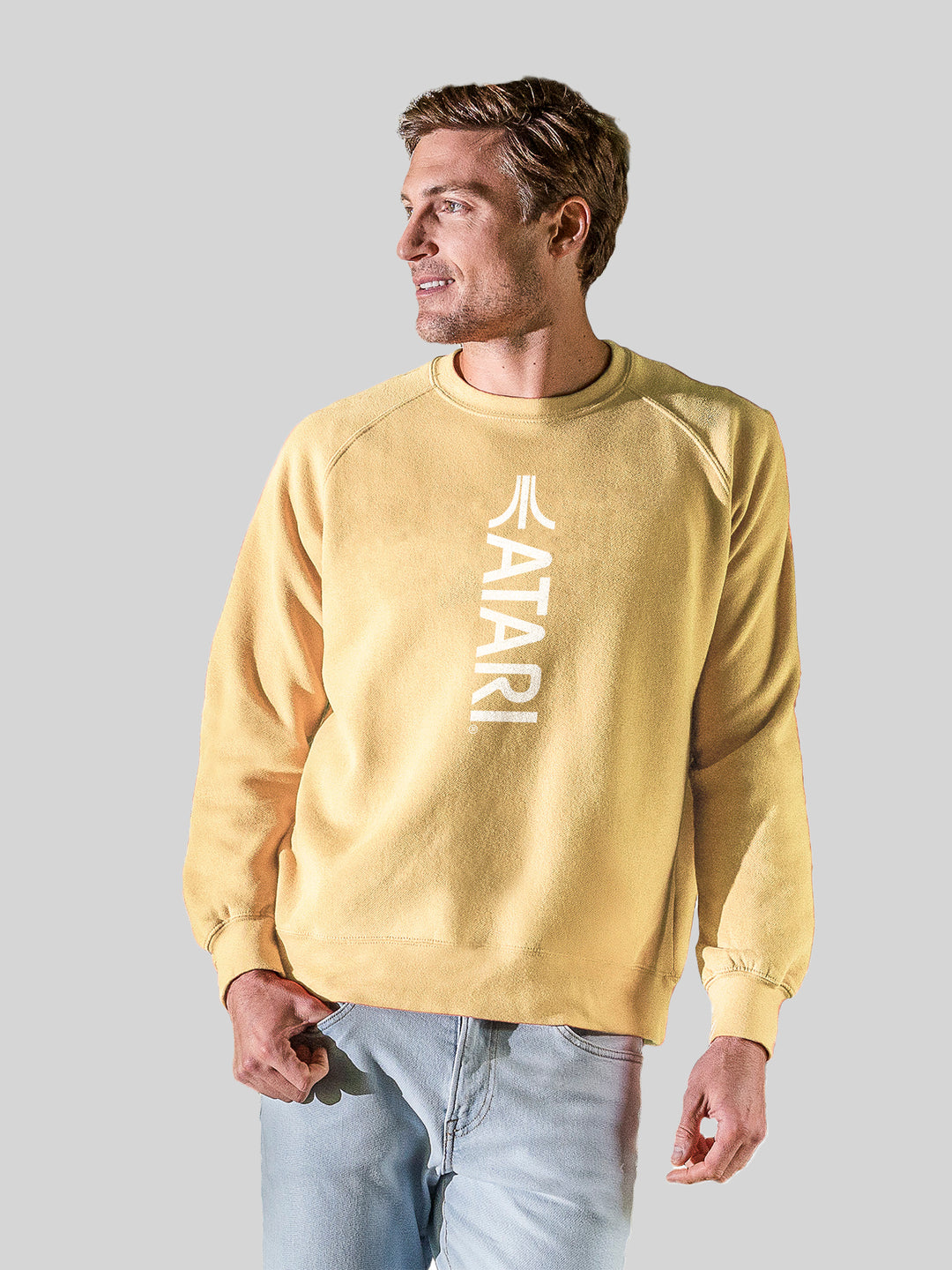 Atari Games Vertical Logo White Retro Gaming with Vintage Fleece Raglan Crew