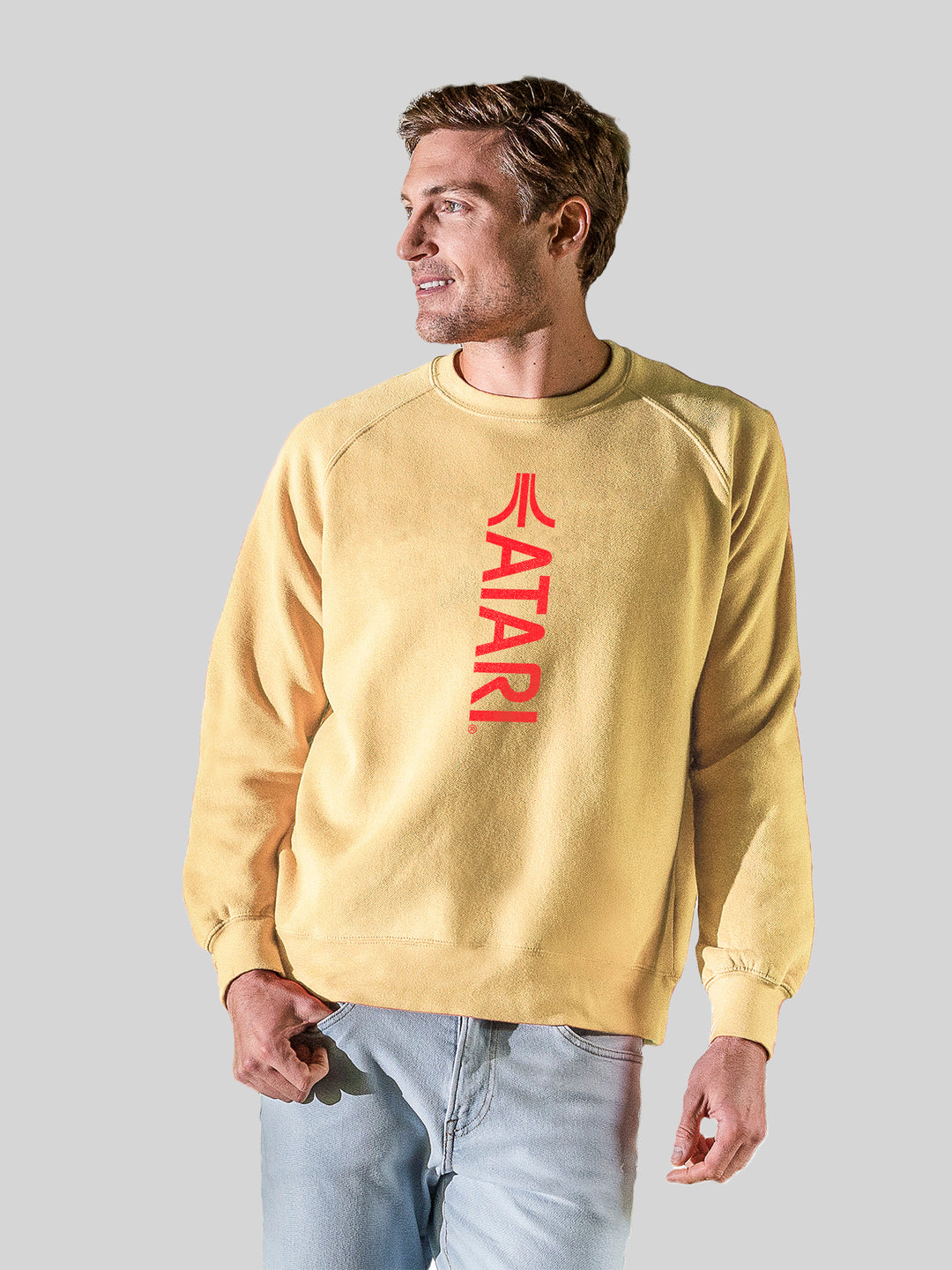 Atari Games Vertical Logo Red Retro Gaming with Vintage Fleece Raglan Crew