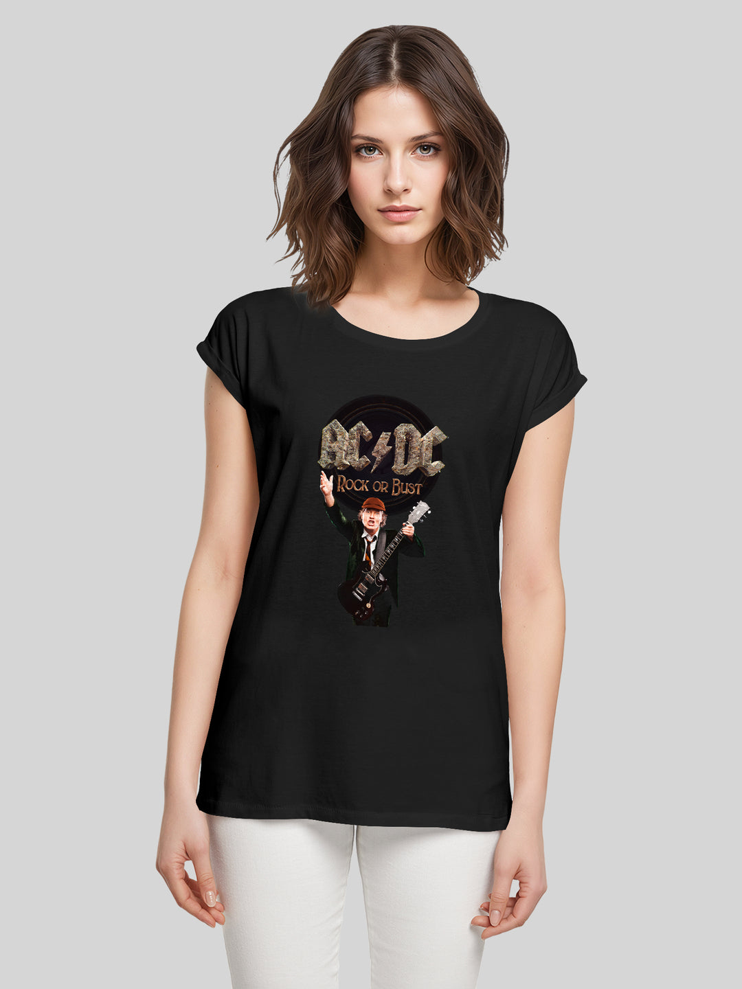 ACDC Rock Or Bust Angus Young Ladies Extended Shoulder Tee