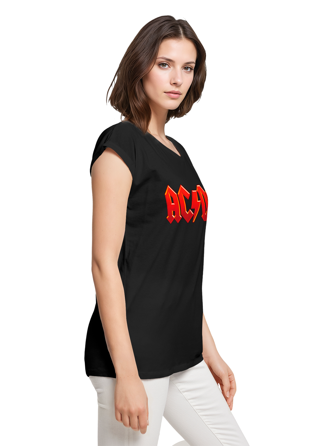 ACDC Dark Red Logo Ladies Extended Shoulder Tee