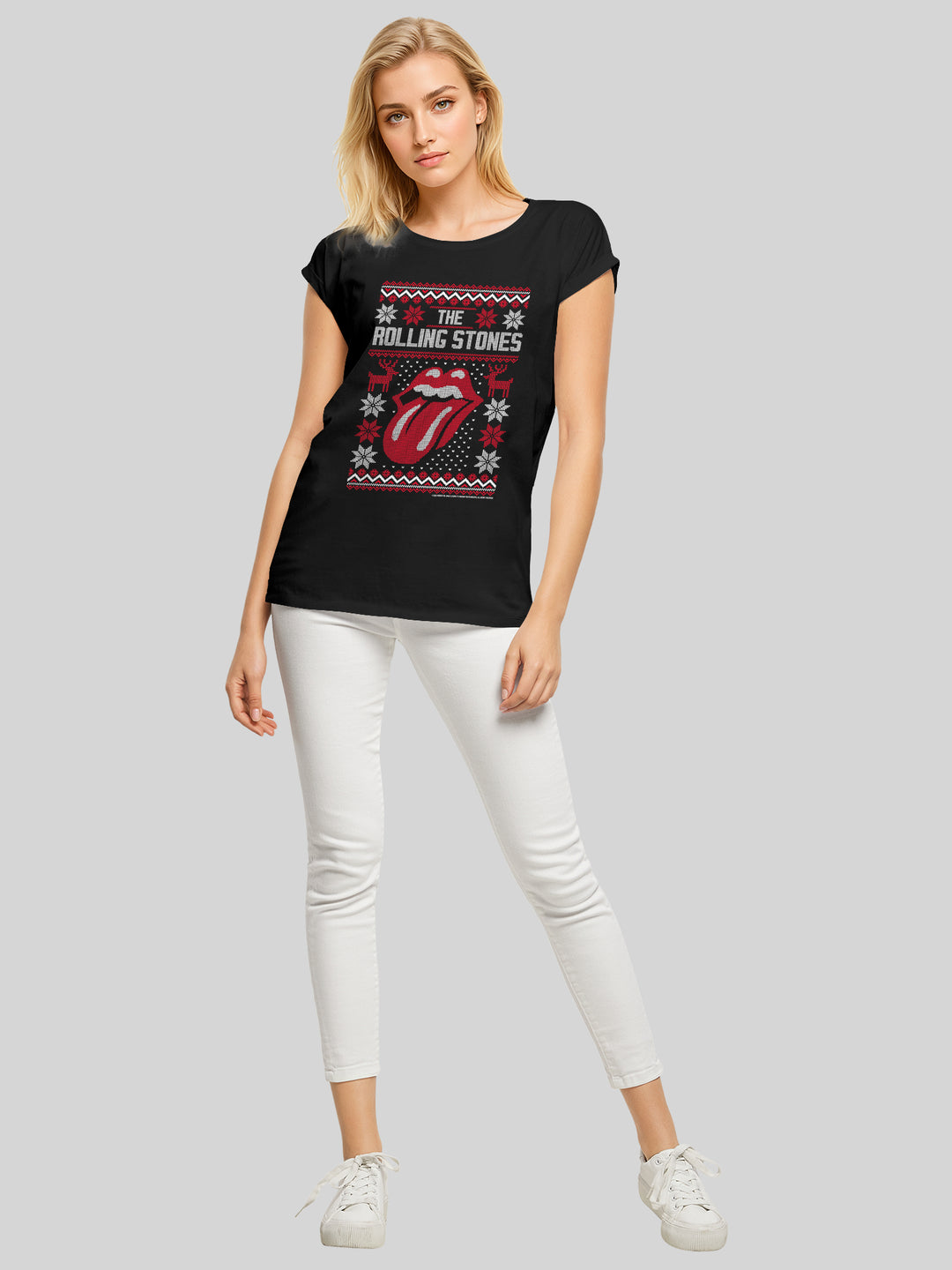 The Rolling Stones Rock Music Ugly Christmas with Ladies Extended Shoulder Tee