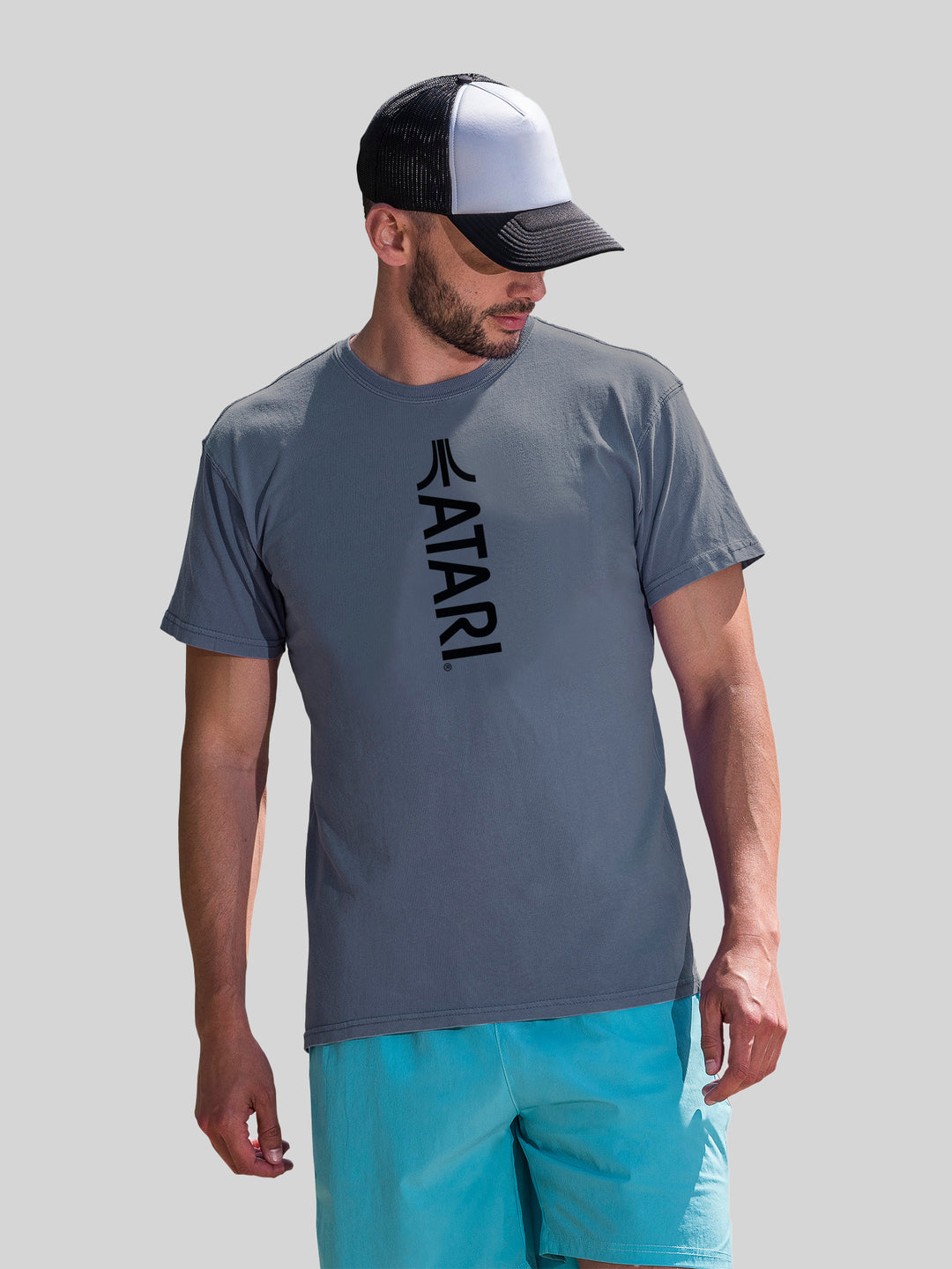Atari Games Vertical Logo Black Retro Gaming with Coastal Color Tee