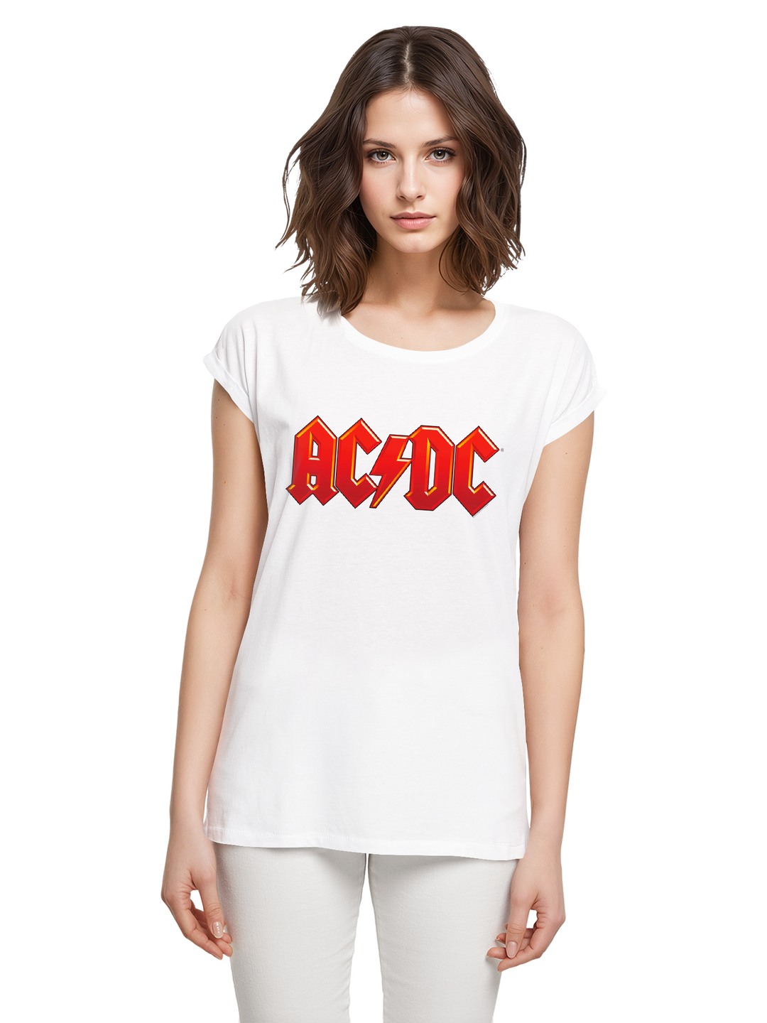 ACDC Dark Red Logo Ladies Extended Shoulder Tee